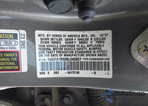 2008 Honda Civic Lx из США, поврежденный, VIN 1HGFA16558L040957